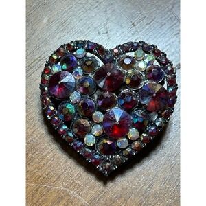 Vintage Red Aurora Borealis Rhinestone Heart Brooch Pin Gunmetal Tone Romantic